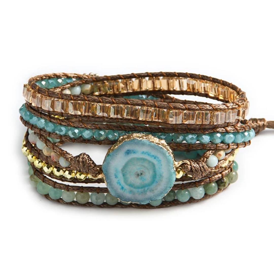 NYHET 2025 ! BOHO WRAP BRACELET 5 rader armbånd med Aqua Solar Quartz