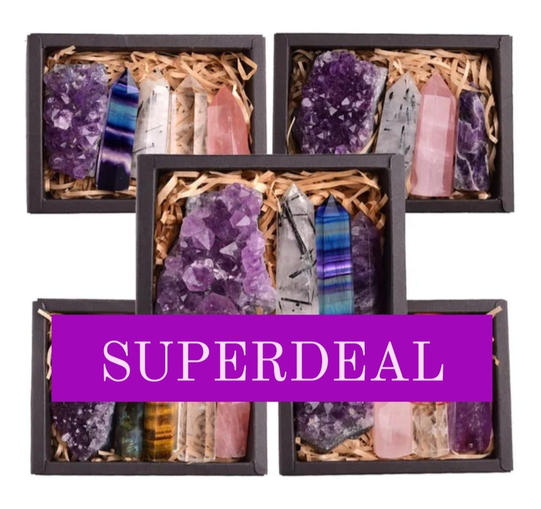 SUPERDEAL / Premium 3 PackTower Crystal Set inkl. Cluster og Indian Crystal Drømmefanger