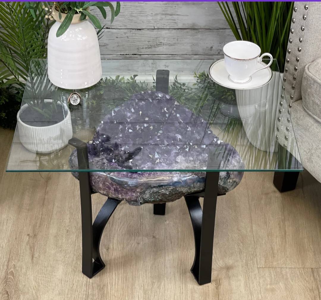 Extra Plus Brazilian Amethyst Geode SOFA Table Metal Frame Table w/Druzy big Cluster, ca. 35kg m/ramme - 40x30x20cm Stone