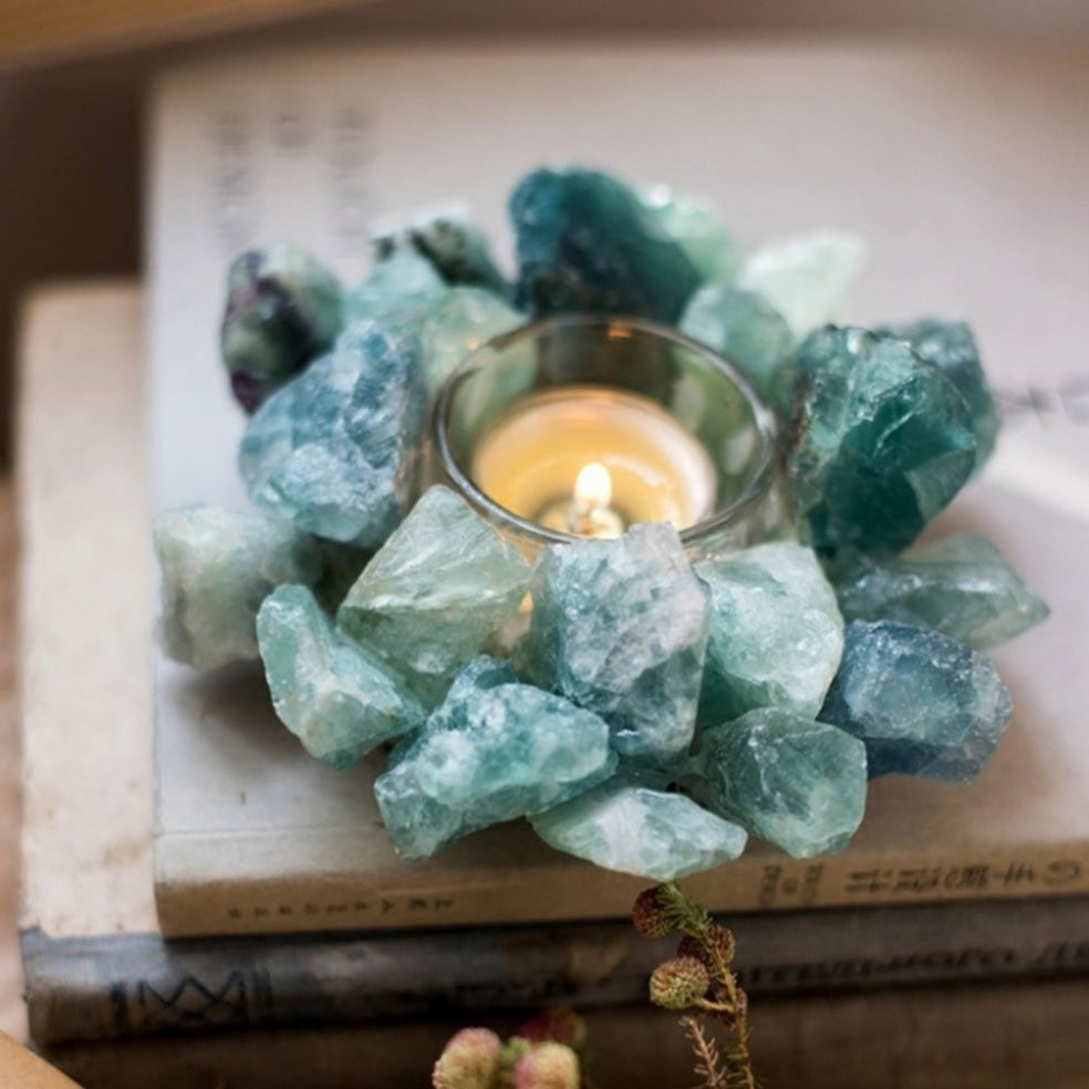 Stor Grønn Fluorite RÅ Kvarts Krystalldekorasjon m/innvendig glass til telys, Large 13 - 15cm, 500 gram