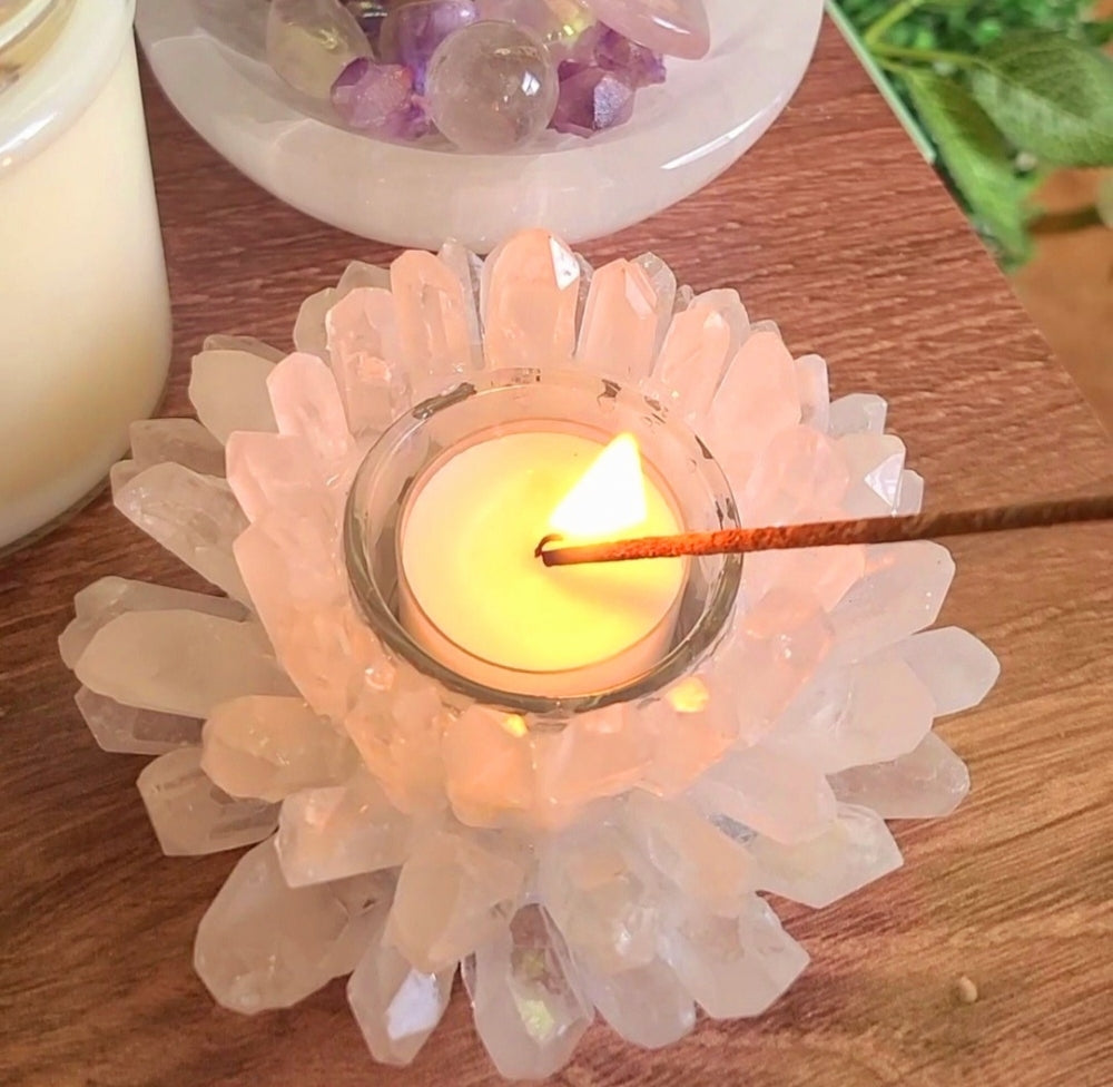 Stor Clear Quartz krystall Telysdekorasjon m/innvendig glass til telys , ca. 13cm - 500gram