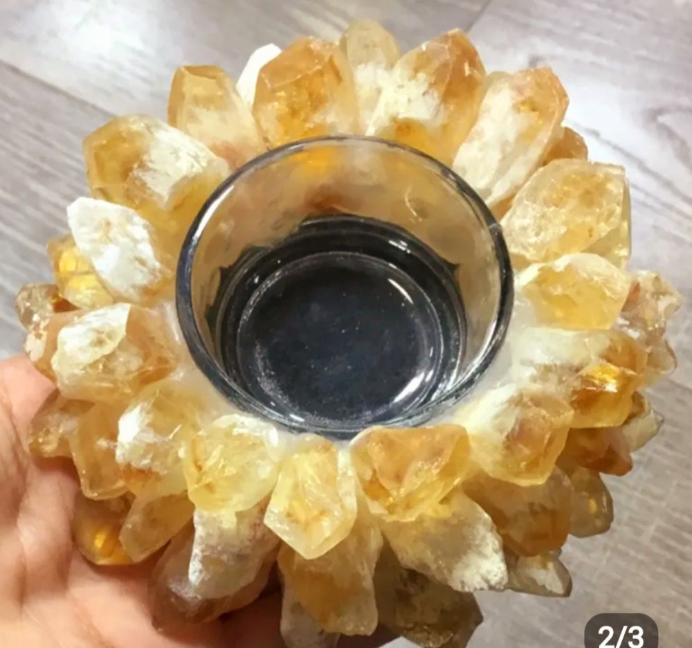 RÅ Yellow Citrine Quartz Lotus Flower Krystalldekorasjonm/innvendig glass til telys 10cm