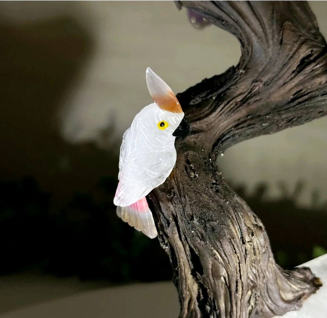 NEW / 25cm Tall Handmade Brazilian Clear Quartz Gemstone Tree, Quartz Base with a Crystal Parrot Bird, 120 Raw Crystals