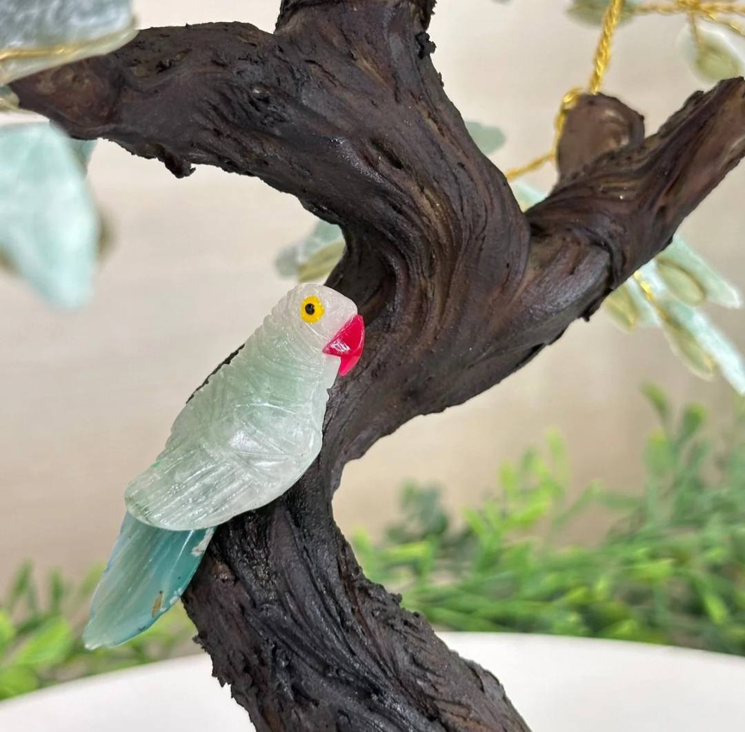 NEW / 25cm Tall Handmade Brazilian Green Quartz Gemstone Tree, Green Quartz Base with a Crystal Parrot Bird, 120 Raw Crystals