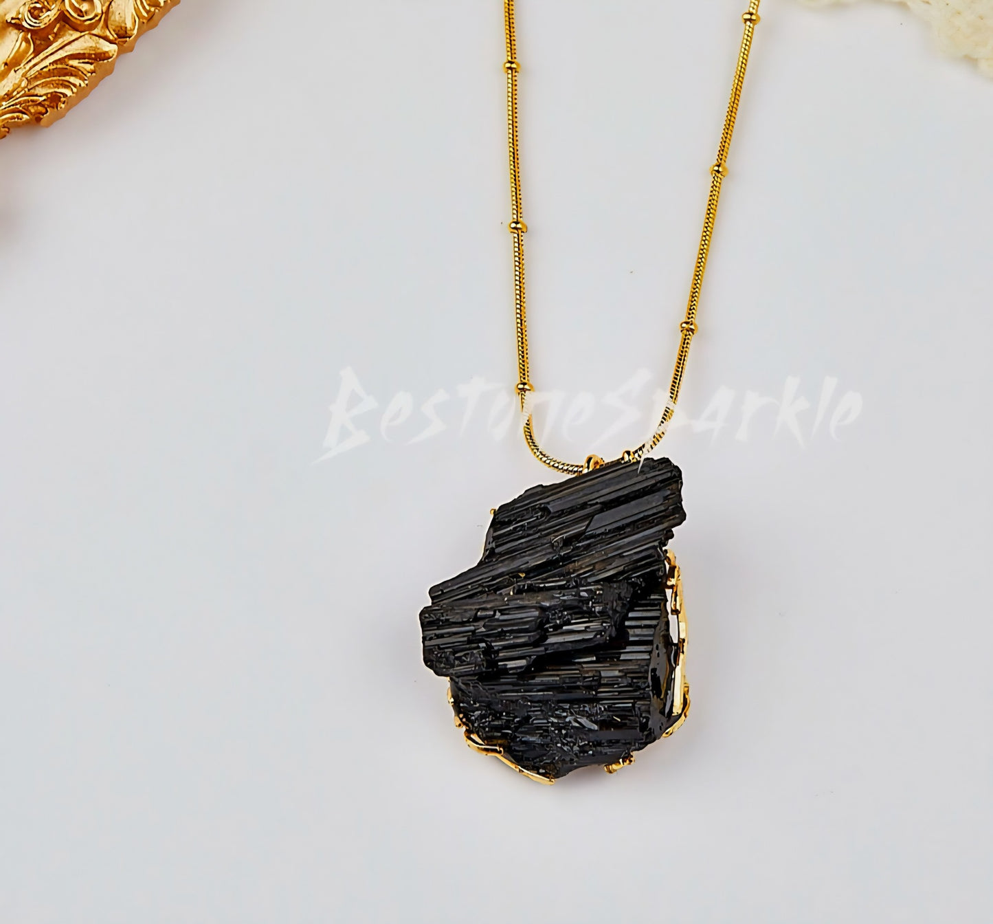 Black Tourmaline Pendant Cluster Necklace, " Protection - Grounding " Empath Crystal October Birthstone 24K Goldplated Necklaces