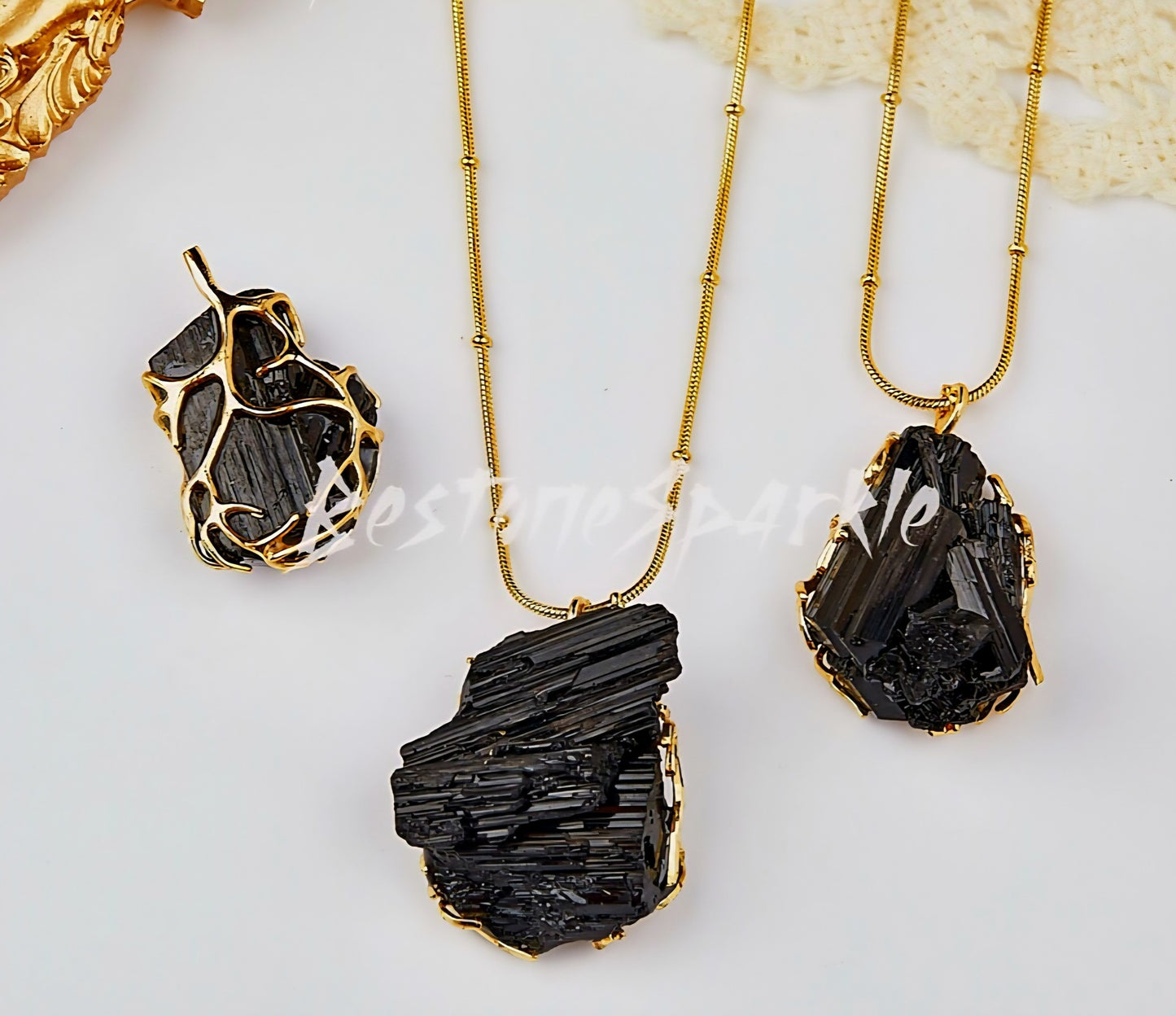 Black Tourmaline Pendant Cluster Necklace, " Protection - Grounding " Empath Crystal October Birthstone 24K Goldplated Necklaces
