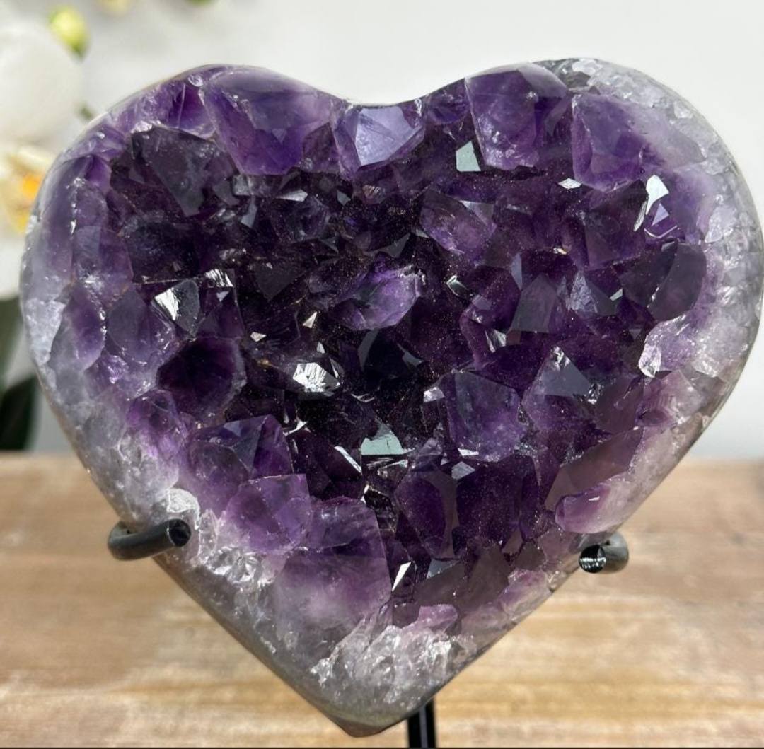 A+ Grade Natural URUGUAY Amethyst Heart Carving with Metal Stand, Large Crystal Heart Carving, Unique Piece, HST0239 , 14x11cm - 780gram