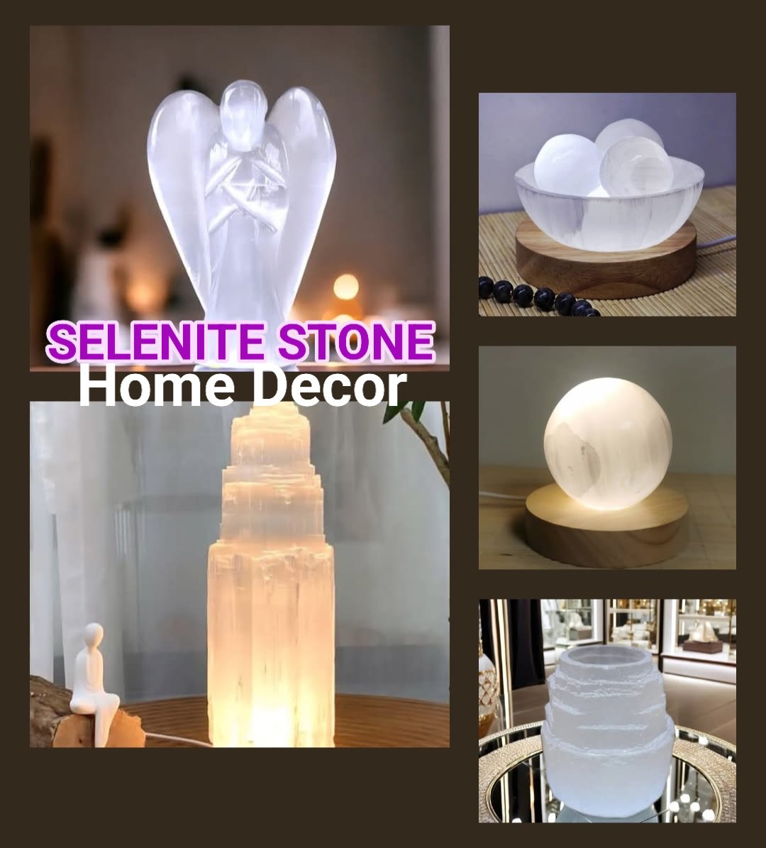 Dekorative og håndlagede Selenitt Lamper i nye Design ( Oppladbare, Touch control, Hjerte, Oval, Kule, Tårn, Pyramide )