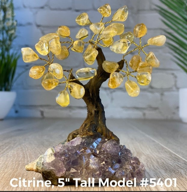 Vakre og eksklusive Feng Shui - Bonsai Lykketrær m/ ekte krystaller og Ametyst Clusterfot, ca. 12cm høy, Citrin