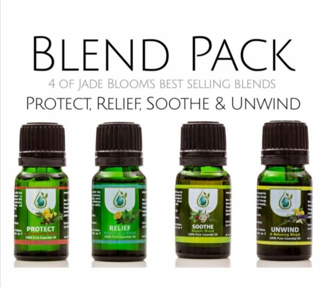 Jade Bloom Blend Pack / 4 Most popular 10 ml blends ;  Protect, Relief, Soothe & Unwind