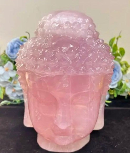 XLARGE ROSE QUARTZ BUDDHA HEAD - 15cm - 2.5kg inkl. led lysbase
