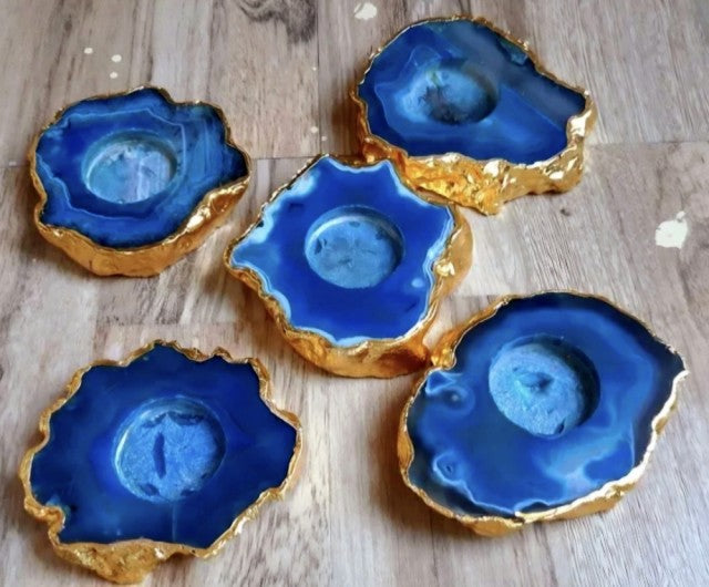 Indian Aqua Blue Agat Coaster Telys dekorasjon Gold Electroplated, Medium - 10cm
