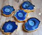 Indian Aqua Blue Agat Coaster Telys dekorasjon Gold Electroplated, Medium - 10cm