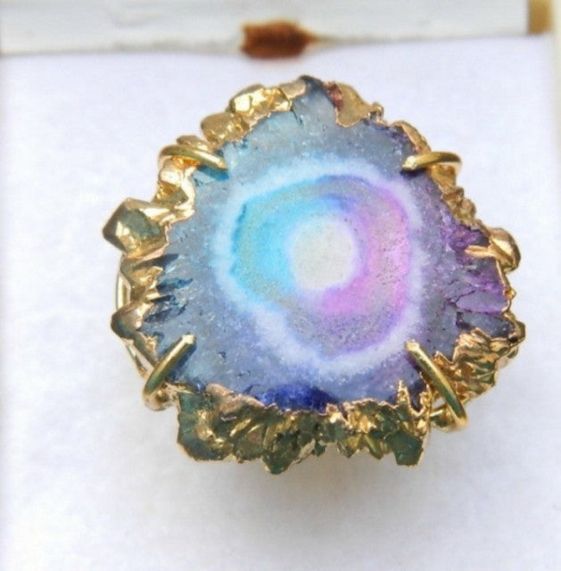 Multicolor Solar Geode Quartz Ring, Gold Electroplated, justerbar