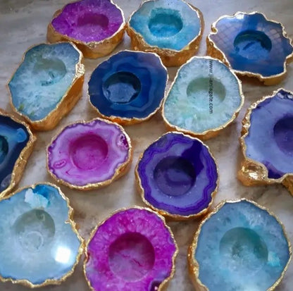 Indian Purple Agat Coaster Telys dekorasjon Gold Electroplated, Medium - 10cm