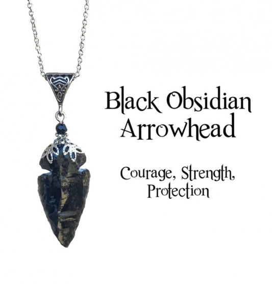 Nye, hÅndlagede Black Obsidian Arrowhead  ( Courage, Strength, Protection ) Anheng m/kjede