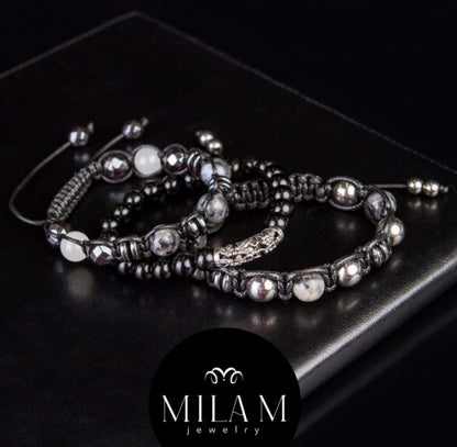 Trendy og Exclusivt Shambhala Armbånd , Set ( Two Bracelets ) Black Onyx, Hematite, Larvikite , unisex og justerbare
