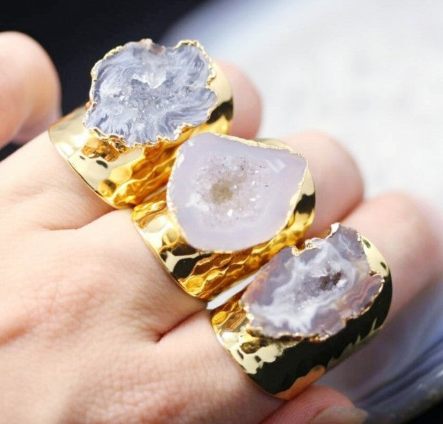 Flott Agat Geode Ring, Gold plated,  justerbar