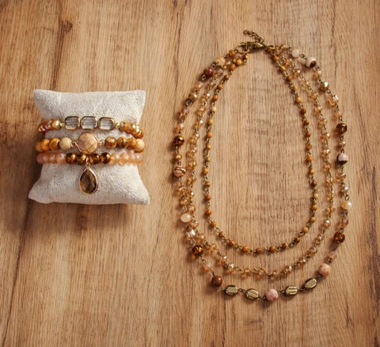 Nye 2025 Bohemian JASPER ZEBRA AGATE Design Smykkesett, Triple Row Kjede og fleksibel armbÅnd