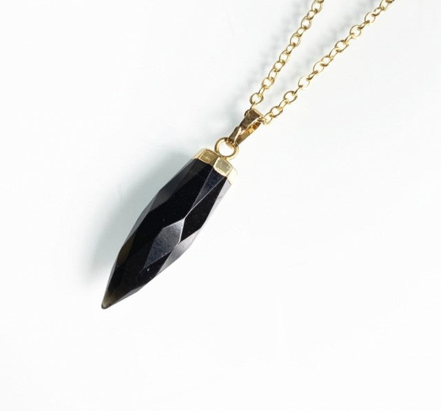 Nye Spike Point Pendel Anheng i Ice Black Obsidian Quartz m/kjede , Gold Electroplated