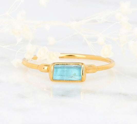 Ny, hÅndlaget rustik ART DECO Aquamarine " Baguette " Stone Ring, Gold, Rosegold, Silver