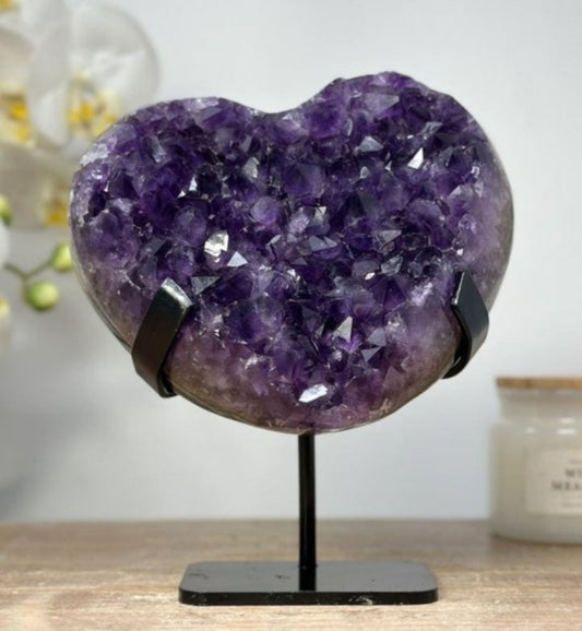 Stunning Natural Amethyst Heart Carving with Metal Stand , Unique Piece, HST0226, 1.6kg - 16.5x14.5