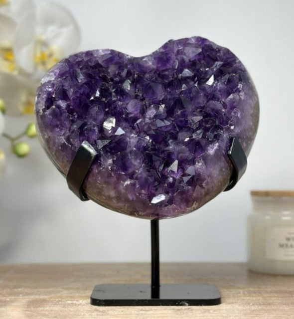 Stunning Natural Amethyst Heart Carving with Metal Stand , Unique Piece, HST0226, 1.6kg - 16.5x14.5