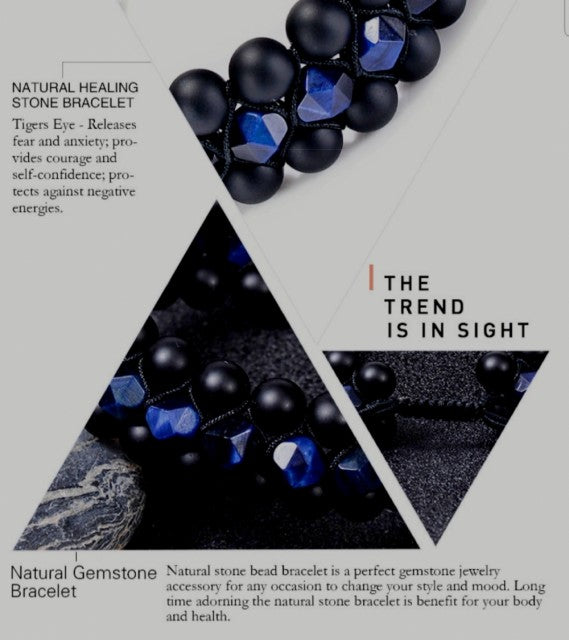 Merkaba 3 rader Chakra armbÅnd med Blue Tigerstone og Sort matt Obsidian, justerbare