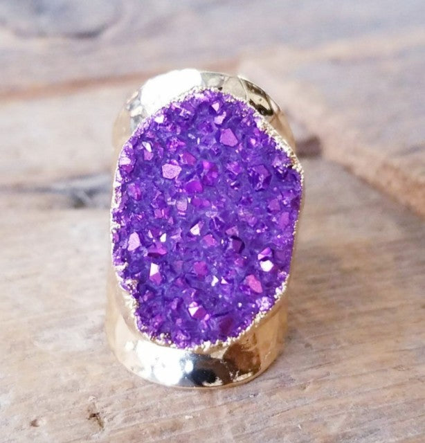 Druzy Purple Quartz Ring Gold Electroplated, justerbar