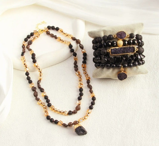 Nye 2025 Bohemian Sort Agate Design Smykkesett, Dual Row Kjede og 5 Row Middelshavs armbÅnd