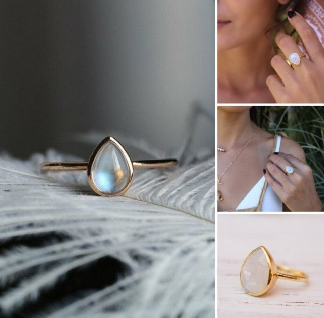 Vakker,  enkel og hÅndlaget designring med liten mÅnesten i 18k Rosegull plated ( 8x6mm) , drÅpeform