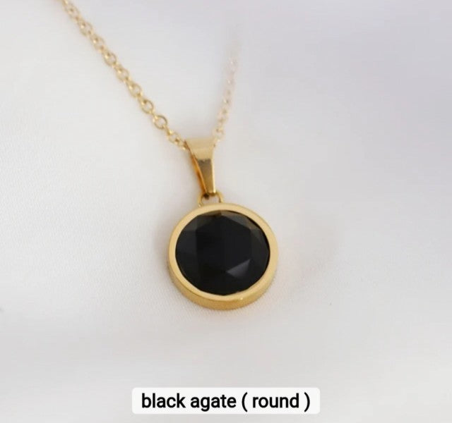 NEW MICCI JEWELRY NATURAL STONE NECKLACES, 45cm , Gold Elecrtroplated, Black AGATE Quartz 16mm Round