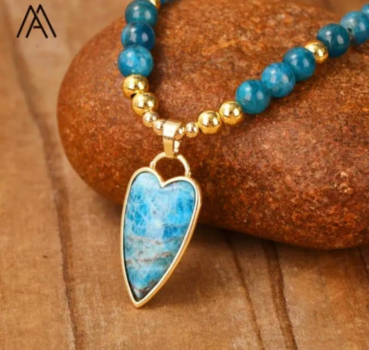 NYE FASHION CRYSTAL KJEDER BLUE APATITE QUARTZ m/ LONG HEART ANHENG