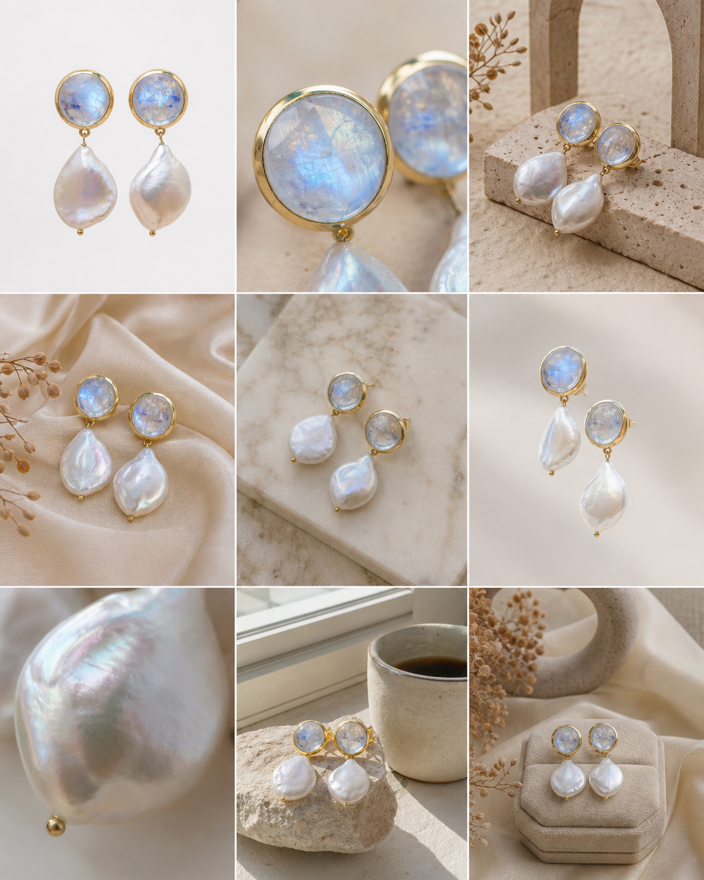 CILA " Danuza " Long Design Moonstone & Pearl Stud Earrings , 18K Goldplated