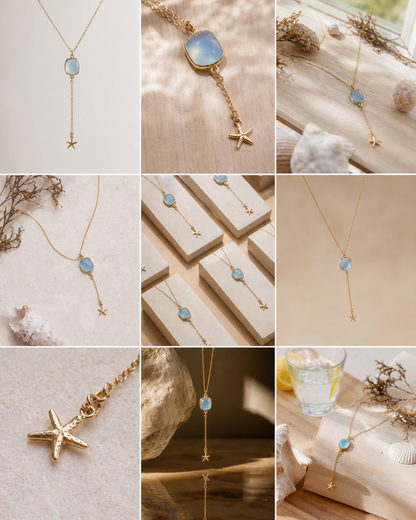 Nytt og enkelt Cila Designkjede med Aqua Blue Chalsedony w/Sea Star, 18 K Gold Vermeil