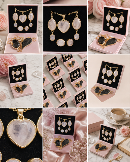Nye CILA Design Smykkesett ( Ring, Kjede, øredobber med Rose Quartz ), Gold Electroplated