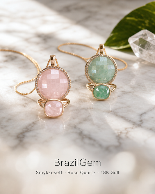 BrazilGem 18K Gold Electroplated Smykkesett, 2 Design ( Rose Quartz - Green Quartz )