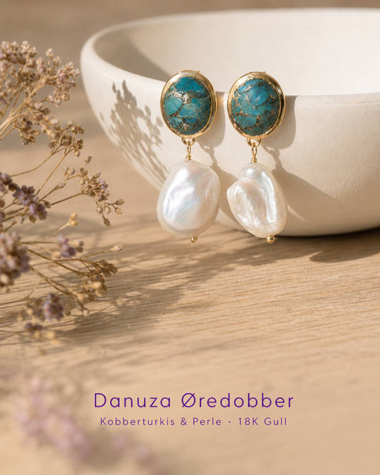 CILA " Danuza " Long Design Copper Turquise & Pearl Stud Earrings , 18K Goldplated