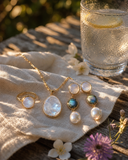 CILA QUARTZ SMYKKESETT ( Kjede, Ring, Øredobber ), Moonstone, Labradorite, Perl
