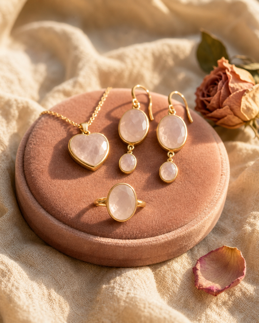 Nye CILA Design Smykkesett ( Ring, Kjede, øredobber med Rose Quartz ), Gold Electroplated