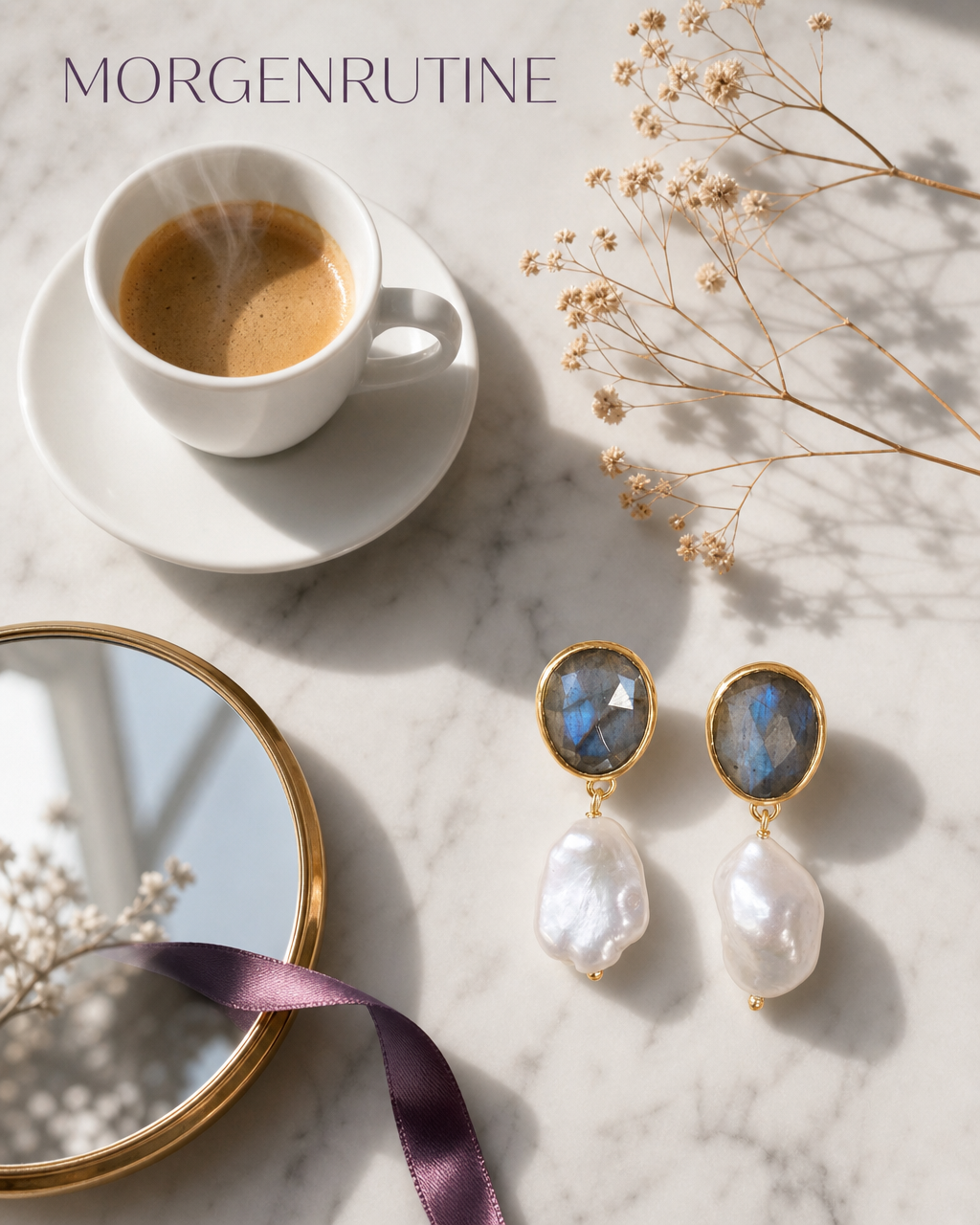 CILA " Danuza " Long Design Labradorite & Pearl Stud Earrings , 18K Goldplated