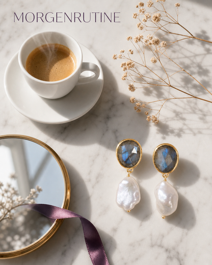 CILA " Danuza " Long Design Labradorite & Pearl Stud Earrings , 18K Goldplated