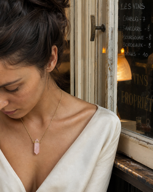 Vakkert MICCI DESIGN SMYKKESETT - Quartz Point Necklace + Ring , 18 Gold Electroplated