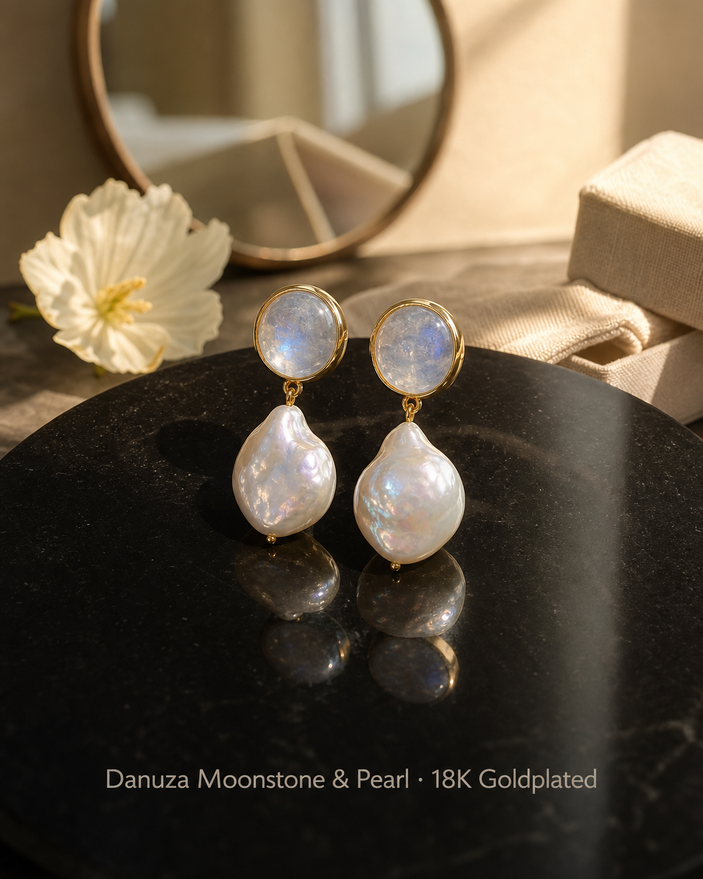CILA " Danuza " Long Design Moonstone & Pearl Stud Earrings , 18K Goldplated