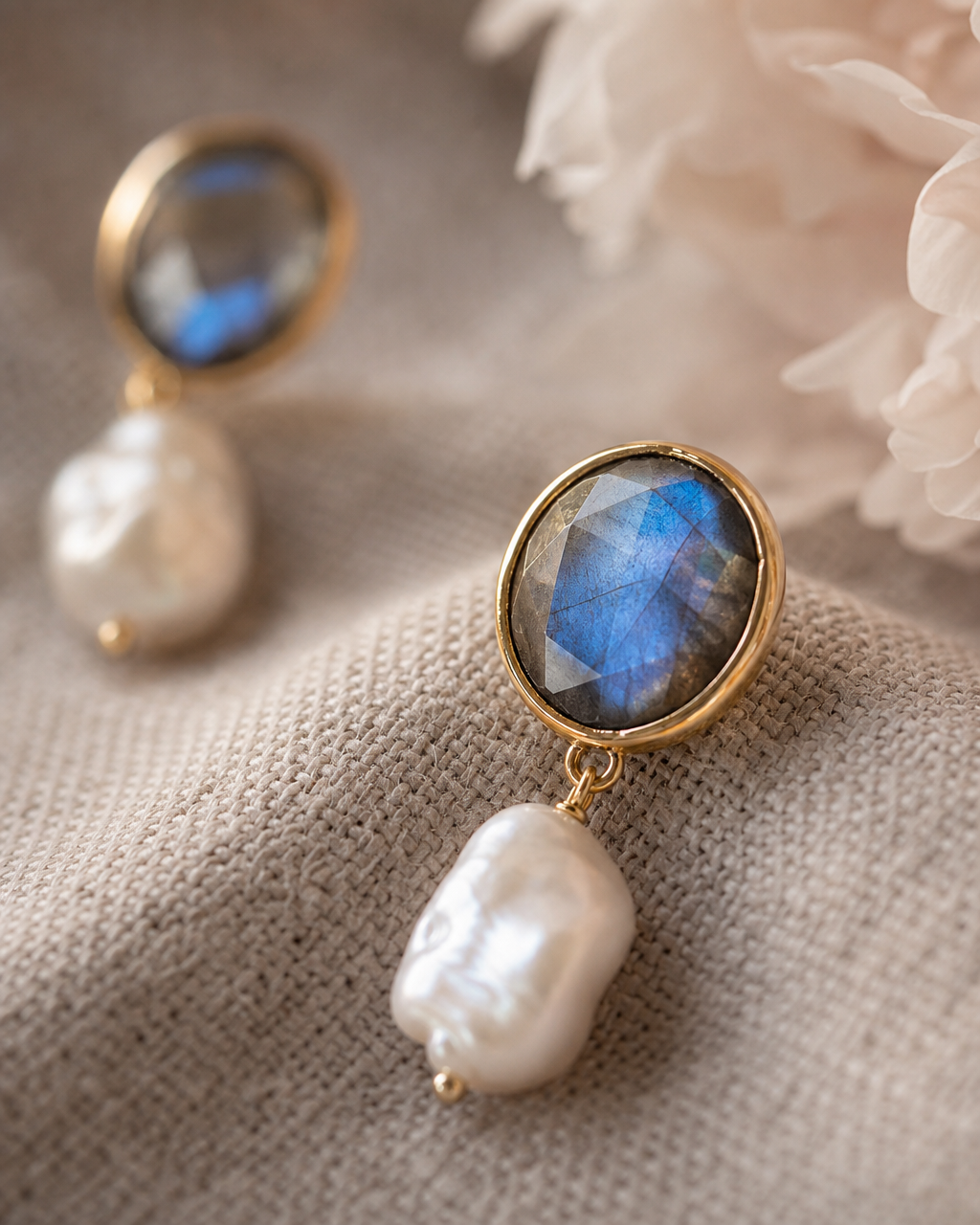 CILA " Danuza " Long Design Labradorite & Pearl Stud Earrings , 18K Goldplated