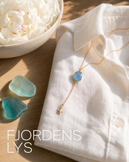 Nytt og enkelt Cila Designkjede med Aqua Blue Chalsedony w/Sea Star, 18 K Gold Vermeil