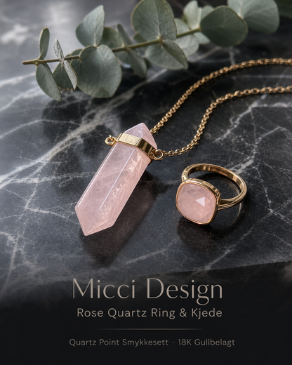 Vakkert MICCI DESIGN SMYKKESETT - Quartz Point Necklace + Ring , 18 Gold Electroplated