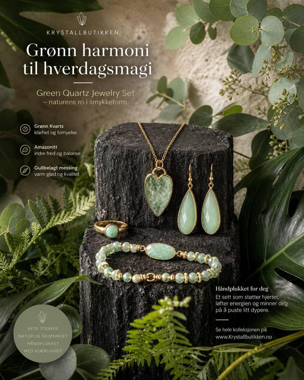 DAGENS UTVALGTE GRØNN QUARTZ SMYKKESETT ( Kjede, Ring, Øredobber, Armbånd )