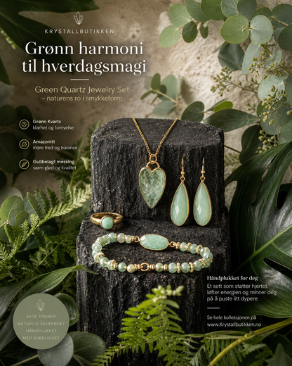 DAGENS UTVALGTE GRØNN QUARTZ SMYKKESETT ( Kjede, Ring, Øredobber, Armbånd )