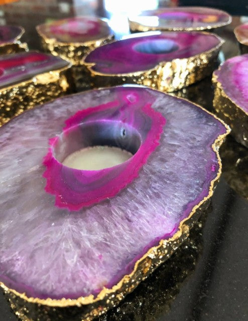 Brazilian Pink Agat Coaster Telys dekorasjon Gold Electroplated, LARGE